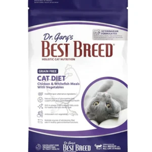 Cat food packaging with gray cat image.