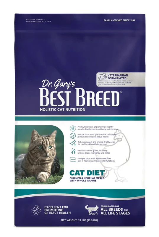 Cat food bag with nutritional information displayed.