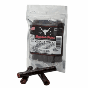 Pack of Omaha Sticks beef sticks in sealed packaging.