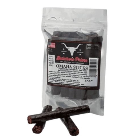 Pack of Omaha Sticks beef sticks in sealed packaging.