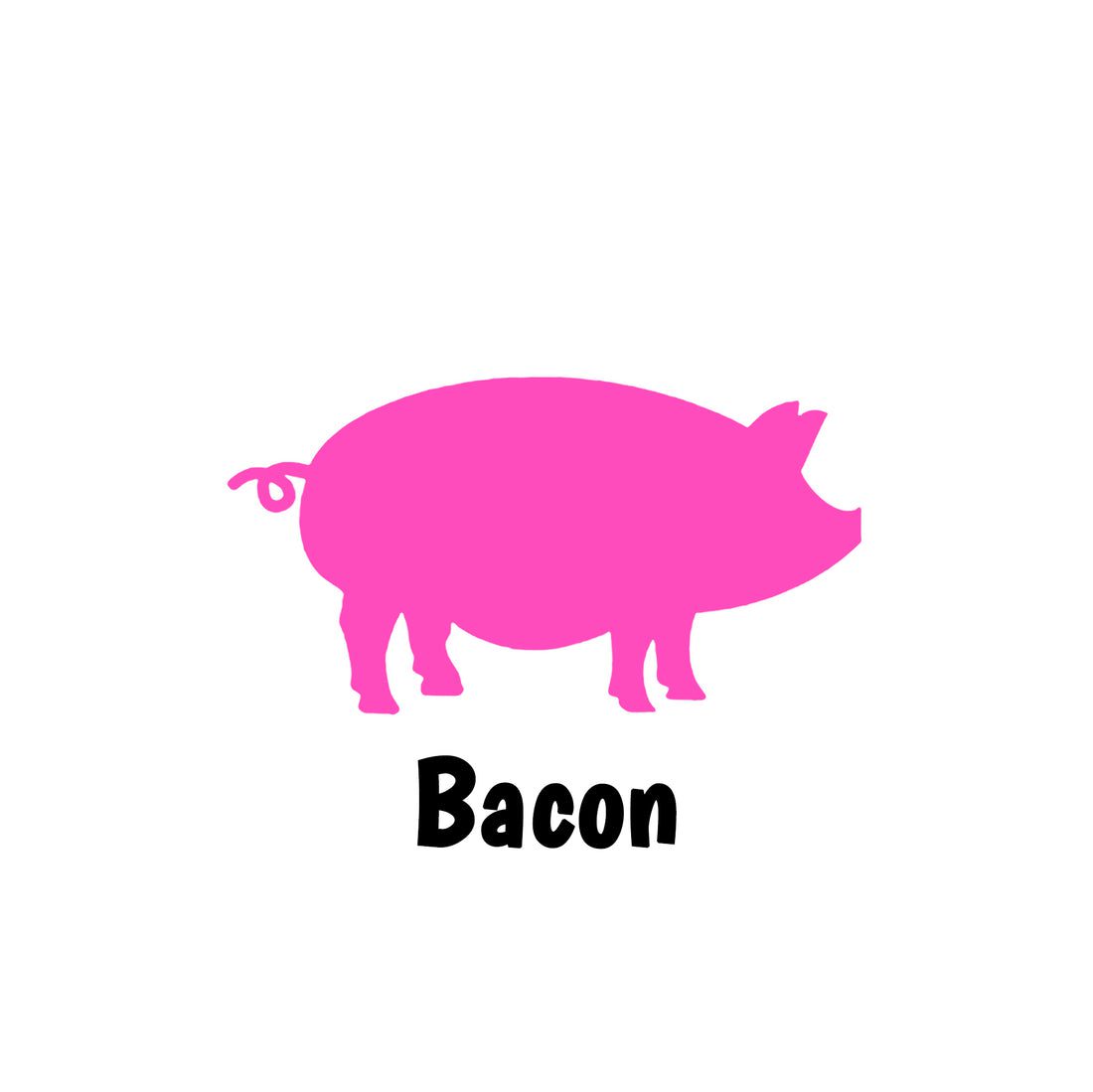 Pink pig silhouette with the word Bacon underneath.