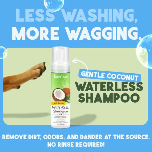 Waterless shampoo spray for dogs that removes dirt and odor.
