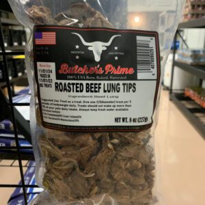 Bag of roasted beef lung tips dog treats from Bedrock Farms.
