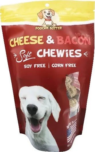Dog treat package labeled Cheese & Bacon Soft Chewies with a happy dog image.