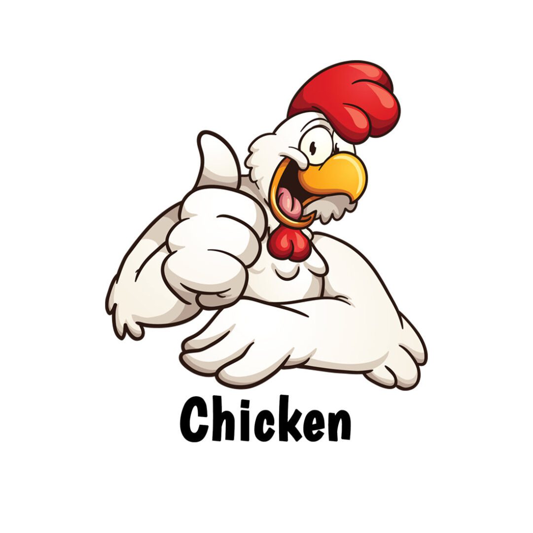 Cartoon chicken giving a thumbs-up with the word 'Chicken'.