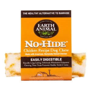 Earth Animal No-Hide chicken flavor dog chews in a box.
