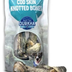 Package of Durkha Cod Skin Knotted Bones dog treats.
