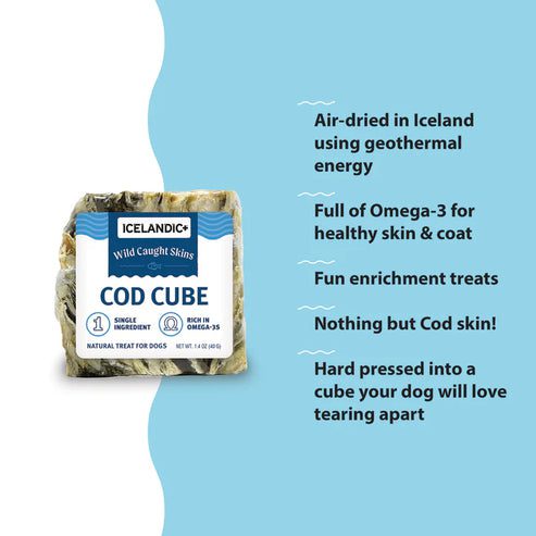 Air-dried Icelandic cod cube rich in Omega-3, full of nutrients, and hand-pressed into a cube.