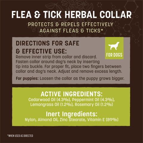 Herbal flea and tick collar for pets, repels fleas and ticks naturally.
