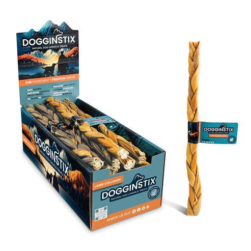 Dog chew sticks in a display box and one stick shown separately.