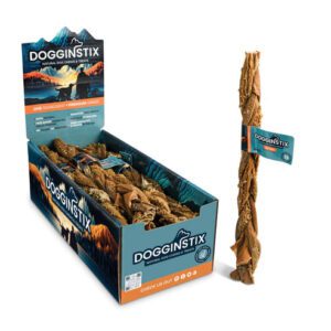 Dog chew sticks in a display box with one stick standing upright.