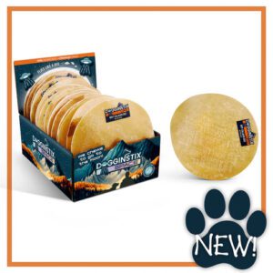 New round yellow dog toy with a squeaker inside.