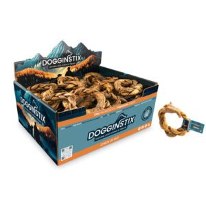 Box of dog chew treats shaped like bones.