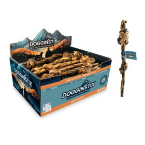 Box of dog treats and a stick with treats attached.
