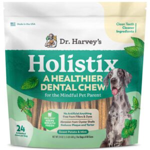 Dr. Harvey's Holistix healthier dental chew for dogs in a resealable bag.