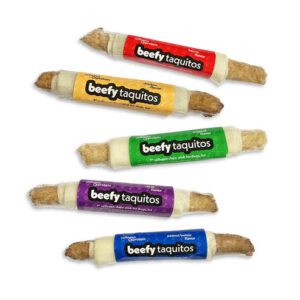 Five colorful beefy taquitos packages arranged together.