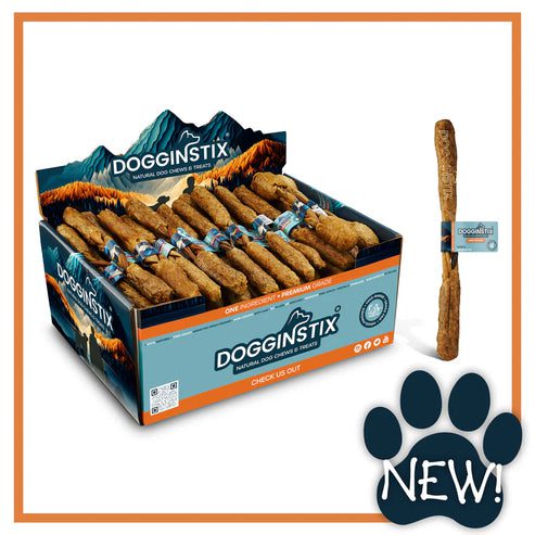 Box of Doggonstix dog treats with one treat displayed.