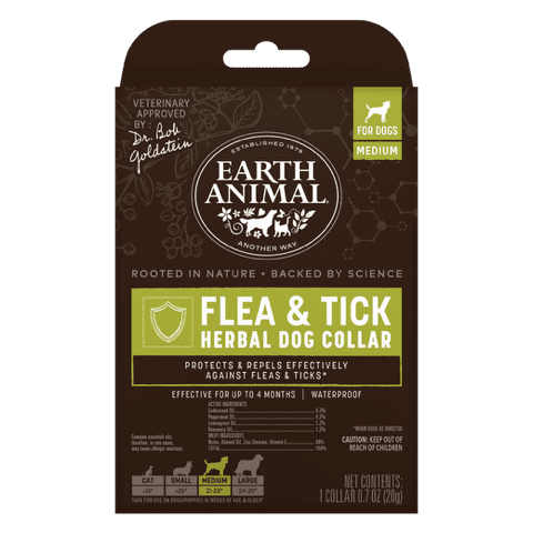 Earth Animal Flea & Tick Herbal Dog Collar packaging in brown and green.