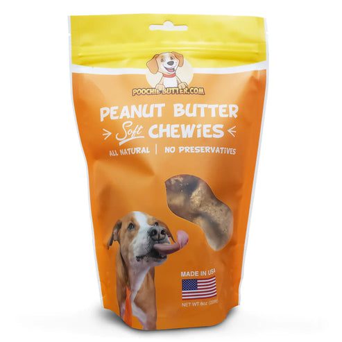 Bag of Peanut Butter Chewies dog treats with a dog image.