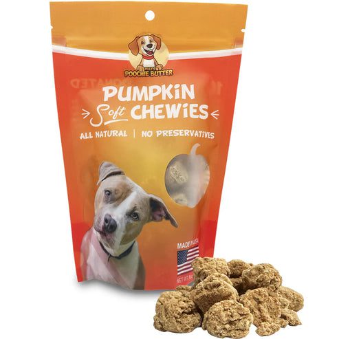 Pumpkin dog treats called Pumpkin Pup Chewies in orange packaging.