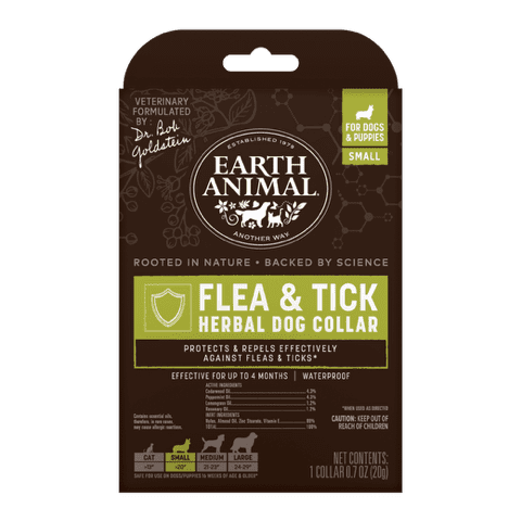 Earth Animal Flea & Tick Herbal Dog Collar packaging with natural ingredients.