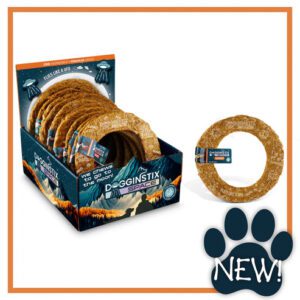 Display box of honey-flavored bread rings with a new product label.