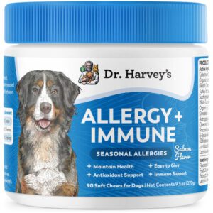 Dr. Harvey's Allergy + Immune supplement for dogs to support seasonal allergies and immune health.