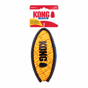 KONG dog toy in a yellow and black design shaped like a football.