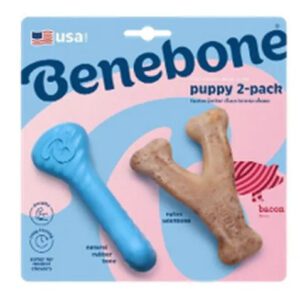 Two-pack of Benebone puppy chew toys in blue and brown.