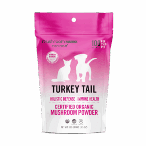 Pink package of certified organic turkey tail mushroom powder.