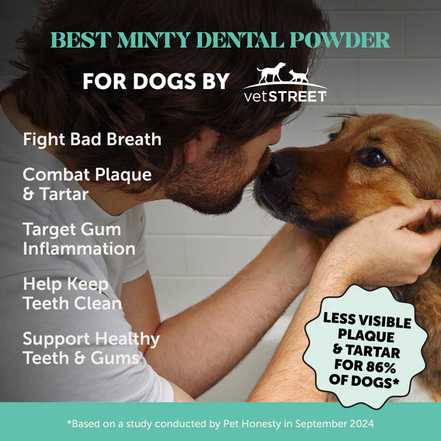 Minty dental powder for dogs helps fight bad breath and tartar.