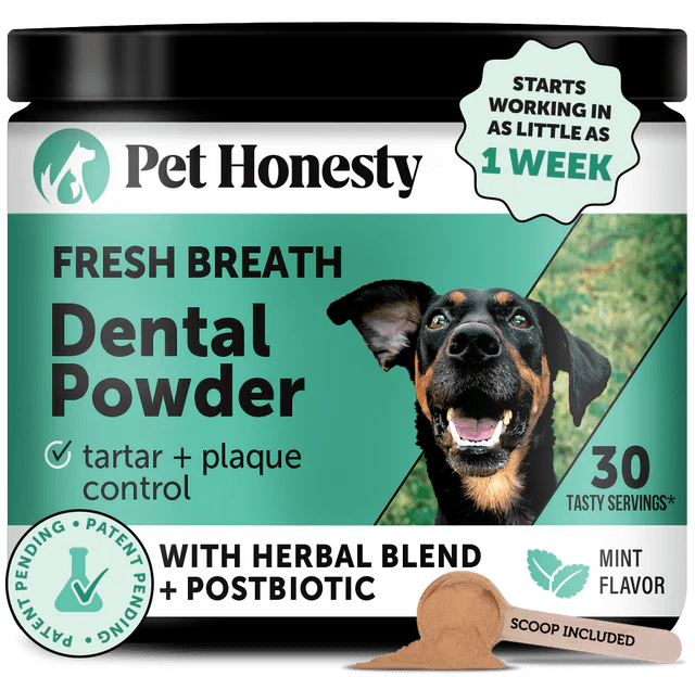 Pet Honest Fresh Breath Dental Powder for dogs with tartar control and probiotics.