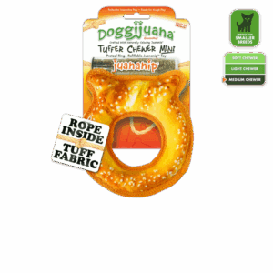 Dog chew treat shaped like a bagel with garlic flavor.