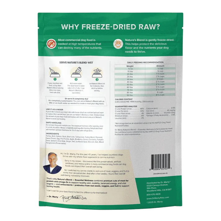 Back of a green and white freeze-dried raw dog food package with feeding instructions and nutritional info.