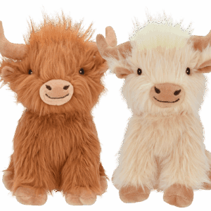 Two plush highland cow toys, one brown and one cream-colored, sitting side by side.