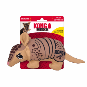 Plush armadillo toy with packaging labeled Kong and Mark.
