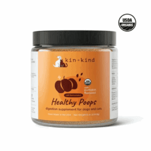 Container of pumpkin-flavored digestive supplement labeled Healthy Poops by kim-kind.