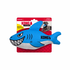Blue shark-shaped dog toy by KONG with a fierce expression.
