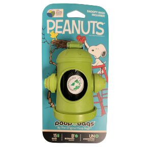 Peanuts-themed dog poop bag dispenser with green bags.