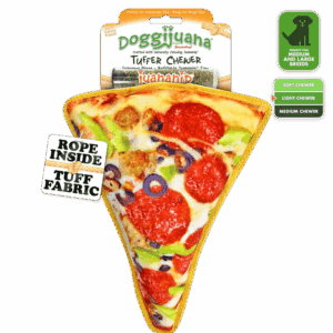 Cheesy pepperoni pizza slice with humorous packaging labels.