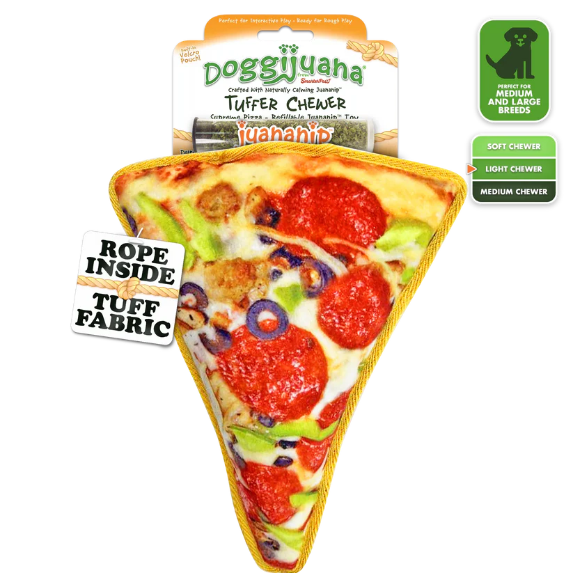 Cheesy pepperoni pizza slice with humorous packaging labels.