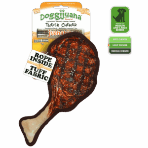A grilled meat leg with various food labels and logos around it.