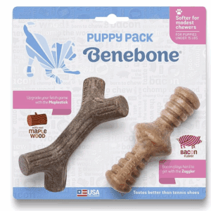 Benebone Puppy Pack with two chew toys shaped like a stick and a screw.