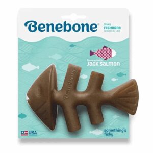 Chocolate fish bone-shaped treat for dogs by Benebone.