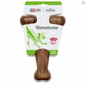 Benebone dog chew toy shaped like a bone with a peanut butter flavor.