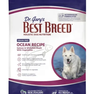 Bag of Dr. Gary's Best Breed Ocean Recipe dog food with real ingredients.