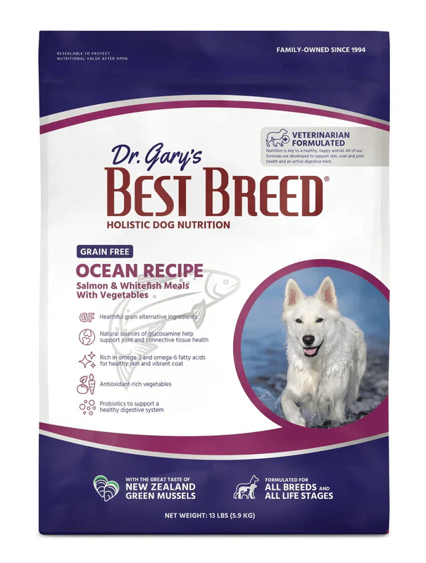 Bag of Dr. Gary's Best Breed Ocean Recipe dog food with real ingredients.