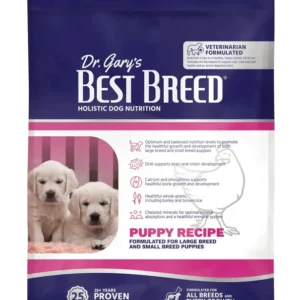 Bag of Dr. Jean's Best Breed puppy dog food with two puppies on the front.