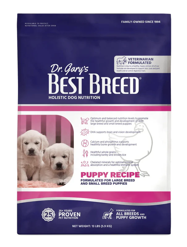 Bag of Dr. Jean's Best Breed puppy dog food with two puppies on the front.