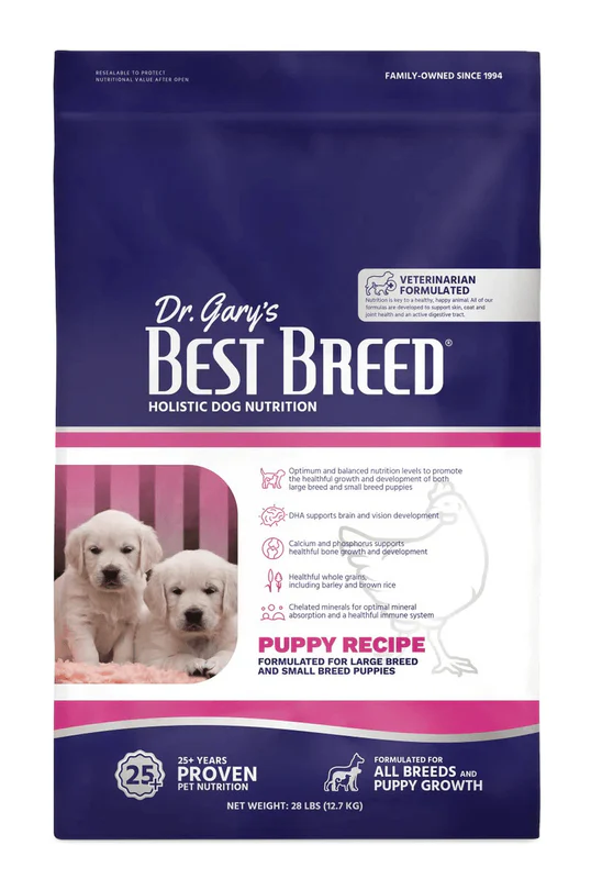 Package of Dr. Gary's Best Breed Puppy Recipe dog food with images of puppies.